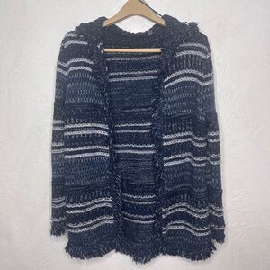 Fylo London Hooded Sweater Cardigan Open Front Fringe Blue Size Small